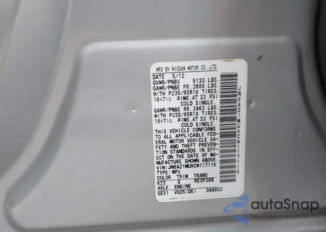 2012 Nissan Murano Sv from USA, damaged, VIN JN8AZ1MUXCW117118